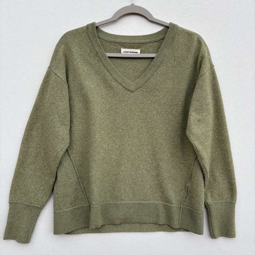 Lucky Brand Sweater V-Neck Pullover Long Sleeve olive Green Size Small